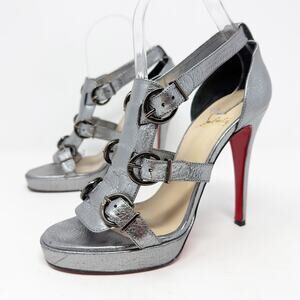 Christian Louboutin Lima Silver Platform Buckle Sandal Heels EU 38